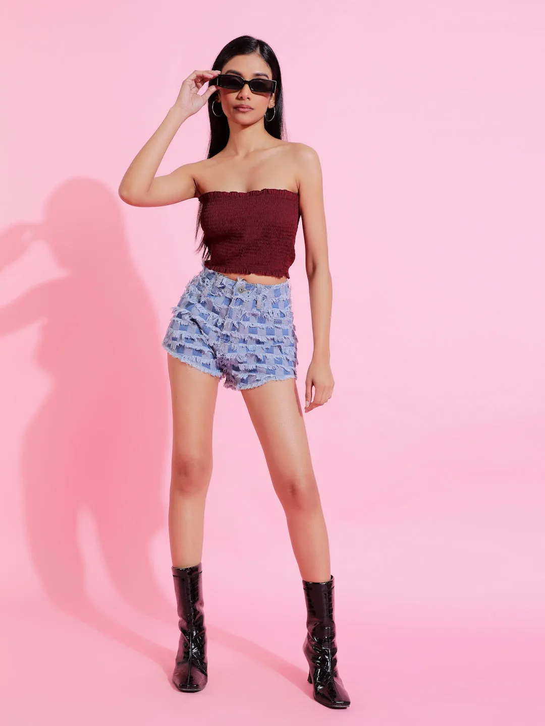 Blue Checked Embellished Denim Shorts